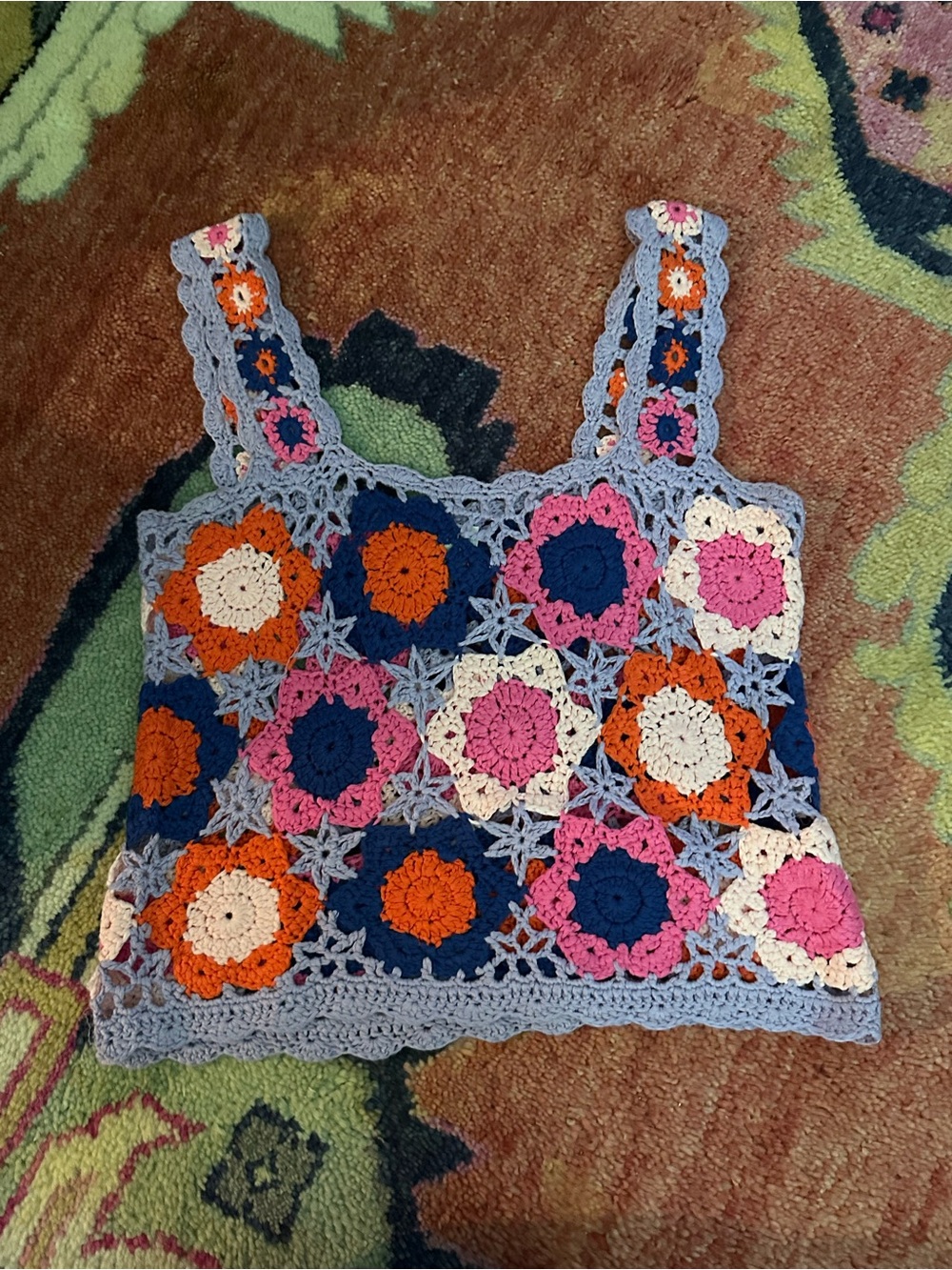 Handcrafted Crochet Floral Square Crop Top in Navy, Pink & Orange